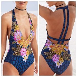 OUT FROM UNDER Floral Plunging V Neck One Piece Swim Bathing Suit Boho Small